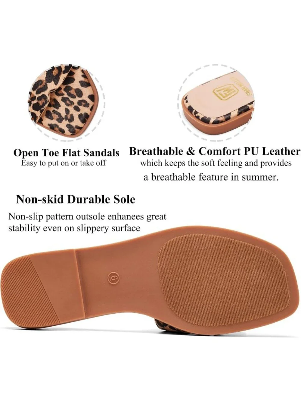 Women's Leopard Flat Comfortable Slide Fashion Square Open Toe Slip Beach Sandal